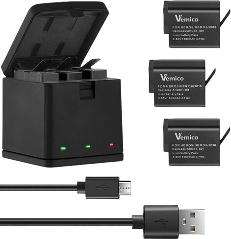 بطارية بديلة مطورة من Vemico Gopro Hero 7/6/5 بقدرة 1500 مللي أمبير في الساعة (3 عبوات) وشاحن USB ثلاثي القنوات LED من النوع C لـ Gopro Hero 7 Black/Hero 6/Hero 5/Hero 2018 أسود in Kuwait