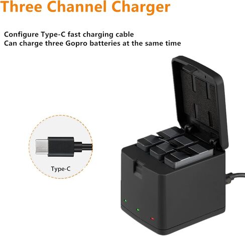 بطارية بديلة مطورة من Vemico Gopro Hero 7/6/5 بقدرة 1500 مللي أمبير في الساعة (3 عبوات) وشاحن USB ثلاثي القنوات LED من النوع C لـ Gopro Hero 7 Black/Hero 6/Hero 5/Hero 2018 أسود in Kuwait