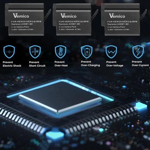 بطارية بديلة مطورة من Vemico Gopro Hero 7/6/5 بقدرة 1500 مللي أمبير في الساعة (3 عبوات) وشاحن USB ثلاثي القنوات LED من النوع C لـ Gopro Hero 7 Black/Hero 6/Hero 5/Hero 2018 أسود in Kuwait