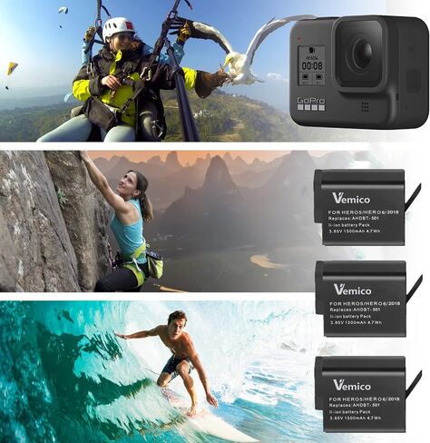 بطارية بديلة مطورة من Vemico Gopro Hero 7/6/5 بقدرة 1500 مللي أمبير في الساعة (3 عبوات) وشاحن USB ثلاثي القنوات LED من النوع C لـ Gopro Hero 7 Black/Hero 6/Hero 5/Hero 2018 أسود in Kuwait