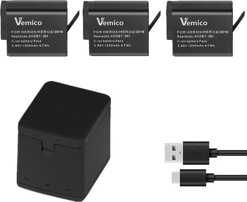 بطارية بديلة مطورة من Vemico Gopro Hero 7/6/5 بقدرة 1500 مللي أمبير في الساعة (3 عبوات) وشاحن USB ثلاثي القنوات LED من النوع C لـ Gopro Hero 7 Black/Hero 6/Hero 5/Hero 2018 أسود in Kuwait