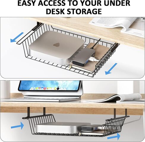 Under Desk Storage Shelf Drawer Slide Out 1 Pack, Metal Under Desk Cable Management Tray Drill/Self-Adhesive Basket Under Table Drawer Organizer for Home, Office, Workspace, Cabinet in Kuwait