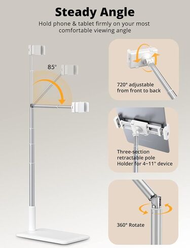 حامل أرضي للهاتف قابل للتمديد من SupeDesk، حامل للكمبيوتر اللوحي، حامل iPad، للهاتف/الكمبيوتر اللوحي مقاس 4-11 بوصة، حامل هاتف للصالة الرياضية، للسرير، زاوية ارتفاع قابلة للتعديل، دوران 360 درجة، الحد الأدنى، علوي in Kuwait