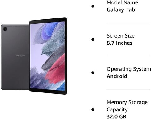Samsung Galaxy Tab A7 Lite 8.7 بوصة (2021، WiFi + Cellular) 32 جيجا بايت 4G LTE تابلت وهاتف (إجراء المكالمات) GSM مفتوح، موديل عالمي مع مكعب شحن أمريكي - SM-T225 (رمادي، LTE+WiFi) (متجدد) in Saudi Arabia