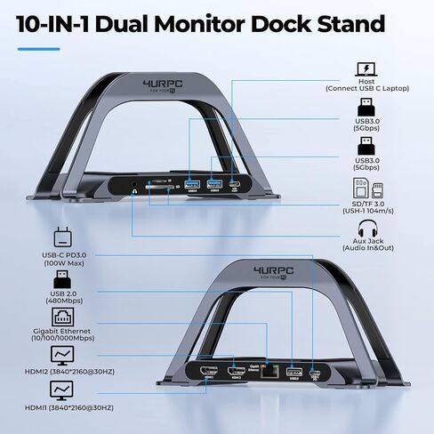 4URPC Laptop Docking Station Dual Monitor, USB C Docking Station with 2 HDMI Ports, 3 USB Ports, SD/TF, PD3.0, RJ45 Ethernet, 3.5mm Audio, Vertical Docking Station Stand for Dell/Hp/Lenovo/Surface in Kuwait