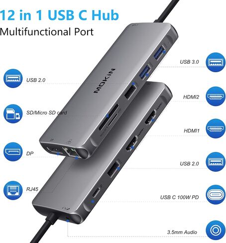 MOKiN MacBook Pro Docking Station Dual Monitor MacBook Pro/Air HDMI Adapter | 9 in 1 USB C Adapters for MacBook Pro Air Mac HDMI Dock Dongle Dual USBC to Dual HDMI,Ethernet,3USB,SD/microSD,100W PD in Kuwait