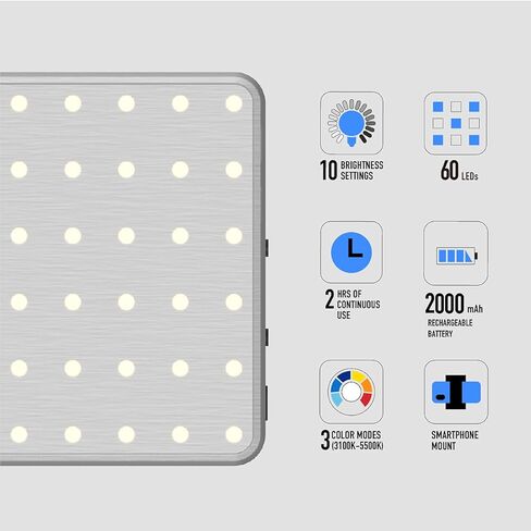 ديجيباور #جوفيرال - إنفلوزر - ضوء فيديو صغير 60 ليد (4W) | سطوع 10 مستويات، 3 أوضاع لدرجة الحرارة (3100K-5500K) | يتضمن محول الهاتف والكاميرا، تركيب بمشبك وكابل USB in Kuwait