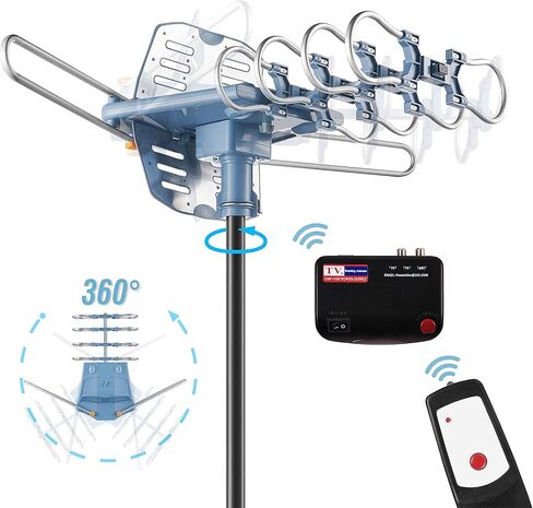 تحديث 2021!! هوائي تلفزيون HD رقمي مضخم WA-2608 وكيبل محوري RG6 بطول 60 قدم بنطاق 150 ميل دوران لاسلكي عن بعد in Kuwait