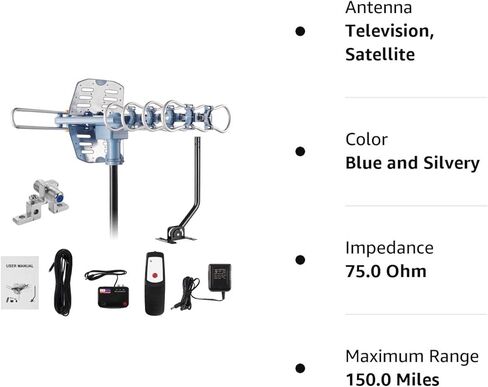 تحديث 2021!! هوائي تلفزيون HD رقمي مضخم WA-2608 وكيبل محوري RG6 بطول 60 قدم بنطاق 150 ميل دوران لاسلكي عن بعد in Kuwait