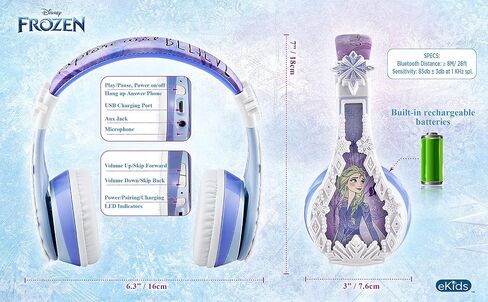 ekids Disney Frozen Kids Bluetooth Headphones, Wireless Headphones with Microphone Includes Aux Cord, Volume Reduced Kids Foldable Headphones for School, Home, or Travel in Saudi Arabia