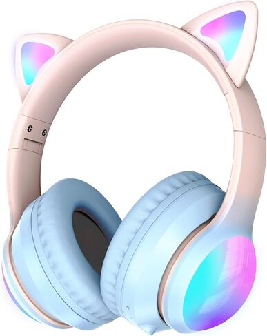 Bluetooth Headphones for Kids, Kid Odessey Cat Ears Wireless Kids Headphones, Bluetooth 5.3, 50H Playtime, 84/94dB Volume Limited, Colorful LED Lights, Built-in Mic Over-Ear Headsets for iPad/Tablet in Kuwait