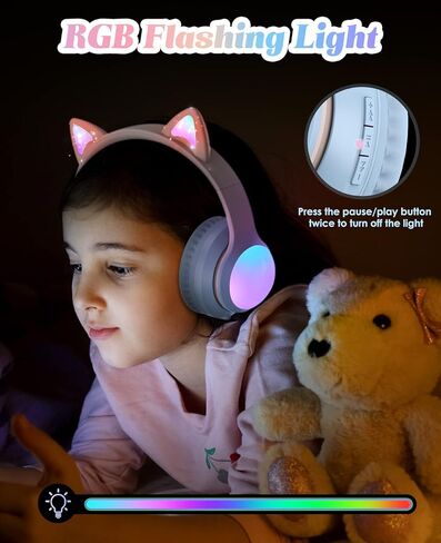 Bluetooth Headphones for Kids, Kid Odessey Cat Ears Wireless Kids Headphones, Bluetooth 5.3, 50H Playtime, 84/94dB Volume Limited, Colorful LED Lights, Built-in Mic Over-Ear Headsets for iPad/Tablet in Kuwait