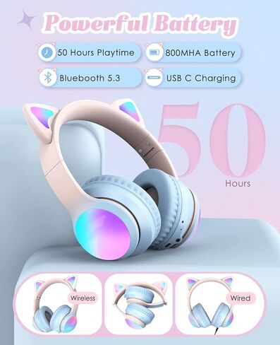 Bluetooth Headphones for Kids, Kid Odessey Cat Ears Wireless Kids Headphones, Bluetooth 5.3, 50H Playtime, 84/94dB Volume Limited, Colorful LED Lights, Built-in Mic Over-Ear Headsets for iPad/Tablet in Kuwait
