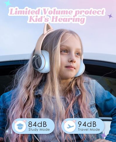 Bluetooth Headphones for Kids, Kid Odessey Cat Ears Wireless Kids Headphones, Bluetooth 5.3, 50H Playtime, 84/94dB Volume Limited, Colorful LED Lights, Built-in Mic Over-Ear Headsets for iPad/Tablet in Kuwait