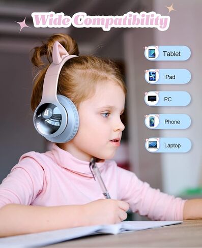 Bluetooth Headphones for Kids, Kid Odessey Cat Ears Wireless Kids Headphones, Bluetooth 5.3, 50H Playtime, 84/94dB Volume Limited, Colorful LED Lights, Built-in Mic Over-Ear Headsets for iPad/Tablet in Kuwait