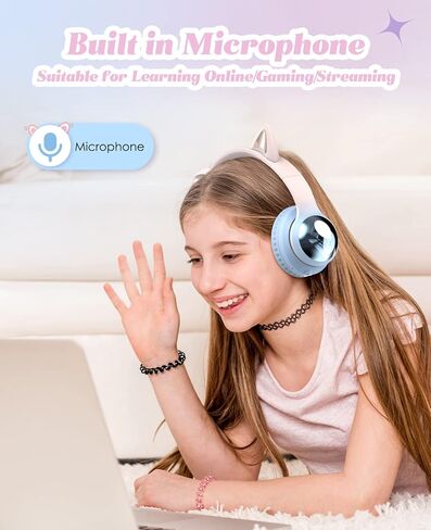 Bluetooth Headphones for Kids, Kid Odessey Cat Ears Wireless Kids Headphones, Bluetooth 5.3, 50H Playtime, 84/94dB Volume Limited, Colorful LED Lights, Built-in Mic Over-Ear Headsets for iPad/Tablet in Kuwait
