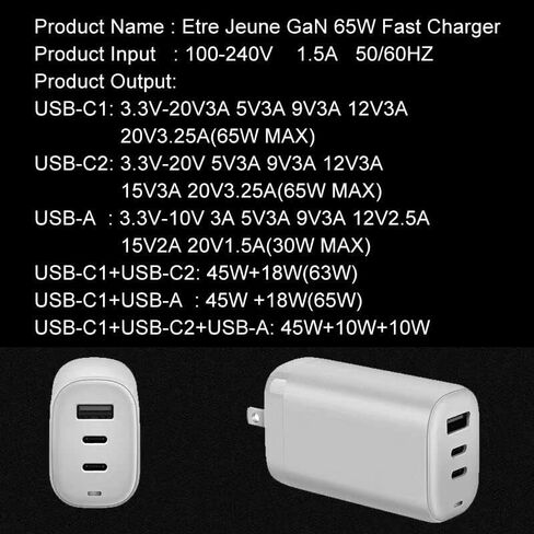 Etre Jeune Universal Travel Adapter Kit, International Plug Adapter for UK, Europe, Australia, 65W USB C Fast Charger Compatible for iPhone13 /12, iPad, MacBook, Laptops (1Charger +3 Plug) (Black) in Kuwait