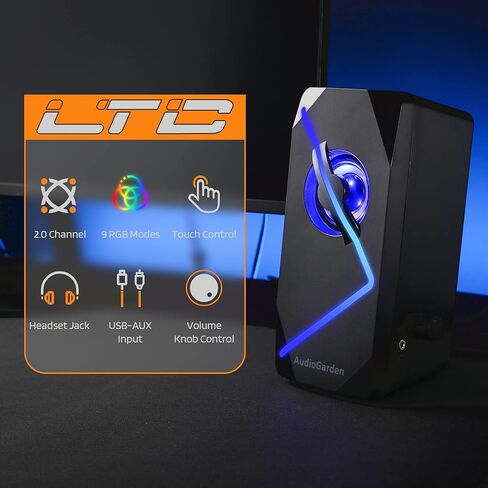LTC AudioGarden AG-201 Computer Speakers, 2.0 Channel Wired RGB Desktop Gaming Speakers with Touch-Control 9 Colorful LED Backlit Modes, Enhanced Stereo Bass and Volume Knob, USB Powered/3.5mm Cable in Kuwait
