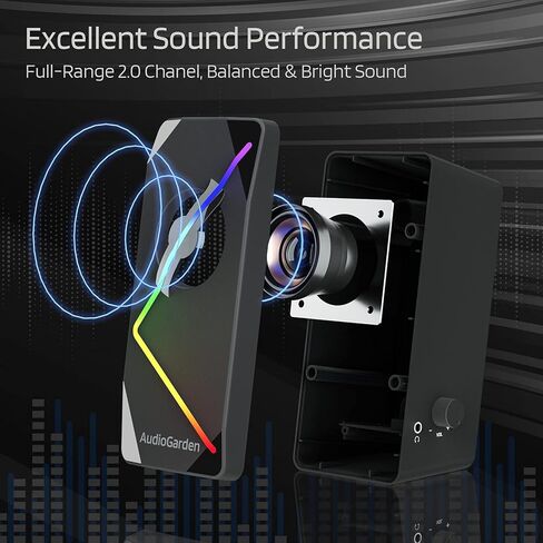 LTC AudioGarden AG-201 Computer Speakers, 2.0 Channel Wired RGB Desktop Gaming Speakers with Touch-Control 9 Colorful LED Backlit Modes, Enhanced Stereo Bass and Volume Knob, USB Powered/3.5mm Cable in Kuwait