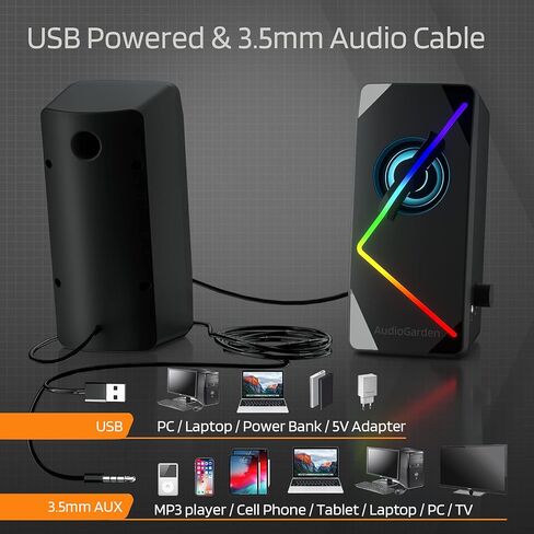 LTC AudioGarden AG-201 Computer Speakers, 2.0 Channel Wired RGB Desktop Gaming Speakers with Touch-Control 9 Colorful LED Backlit Modes, Enhanced Stereo Bass and Volume Knob, USB Powered/3.5mm Cable in Kuwait