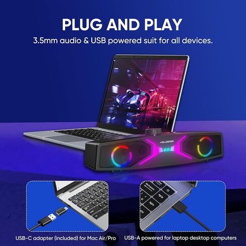 MELOGAGA Computer Sound Bar, USB/USB-C Powered PC Speakers Soundbar with HiFi Stereo Sound, Rotated Knob Volume Control for Desktop Monitor, iMac, MacBook, Laptop, Tablets in Kuwait
