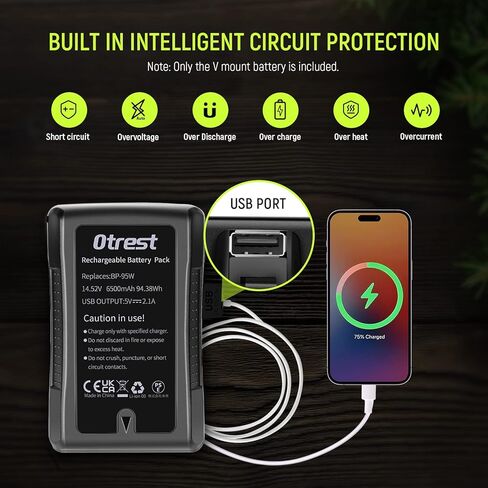 بطارية OTREST بقدرة 6600 مللي أمبير في الساعة على شكل V، BP-95W 14.8V 95Wh بطارية ليثيوم أيون قابلة لإعادة الشحن مع شاحن مخرج D Tap وكابل لإضاءة LED لبث الفيديو متوافق مع كاميرا فيديو Sony BMPCC in Kuwait
