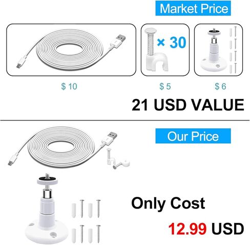 حامل يثبت على الحائط لكاميرا المراقبة وايز كام بان مع كيبل شحن بطول 26 قدم، مجموعة تركيب وايز كام بان بما في ذلك سلك الشحن ومزامنة البيانات، حامل سقف قابل للتعديل 360 درجة، و30 مشبك سلكي in Kuwait