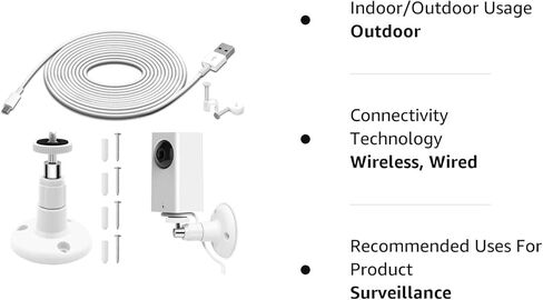 حامل يثبت على الحائط لكاميرا المراقبة وايز كام بان مع كيبل شحن بطول 26 قدم، مجموعة تركيب وايز كام بان بما في ذلك سلك الشحن ومزامنة البيانات، حامل سقف قابل للتعديل 360 درجة، و30 مشبك سلكي in Kuwait