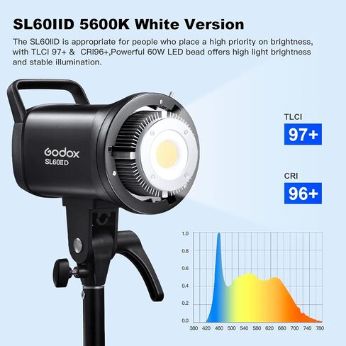 مصباح فيديو Godox SL60IID LED، طقم إضاءة فيديو 2 * SL60W، إصدار أبيض 5600 كلفن، إضاءة إخراج مستمرة مع حامل بوينز، CRI 96+ TLCI97+، لتسجيل الفيديو وصور منتجات الزفاف... (عبوتان) in Saudi Arabia