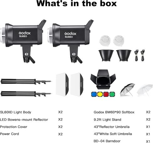 مصباح فيديو Godox SL60IID LED، طقم إضاءة فيديو 2 * SL60W، إصدار أبيض 5600 كلفن، إضاءة إخراج مستمرة مع حامل بوينز، CRI 96+ TLCI97+، لتسجيل الفيديو وصور منتجات الزفاف... (عبوتان) in Saudi Arabia