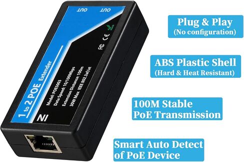 Revotech Gigabit 2 Port POE Extender, IEEE 802.3af/at PoE+ Standard, 10,100,1000Mbps, POE Repeater 100 Meters(328 ft), Extender 1 in 2 Out, Power Supply for PoE Camera/PoE Device (POE5003-G) in Kuwait