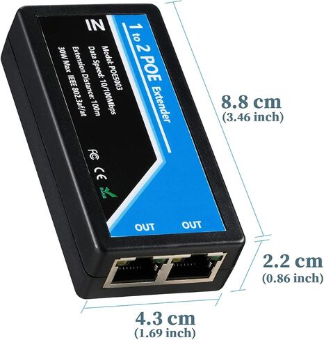 Revotech Gigabit 2 Port POE Extender, IEEE 802.3af/at PoE+ Standard, 10,100,1000Mbps, POE Repeater 100 Meters(328 ft), Extender 1 in 2 Out, Power Supply for PoE Camera/PoE Device (POE5003-G) in Kuwait