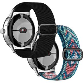 2 Pack Stretchy Nylon Compatible for Google Pixel Watch 2 /Pixel Watch Band, Replacement Soft Braided Sport Elastic Wristbands Accessories Women Men Straps for Pixel Watch 2/1,Black+Gray