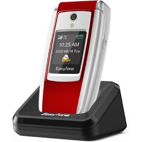 Easyfone T300 4G Unlocked Flip Cell Phone for Seniors, 2.4'' HD Display, Big Buttons, Clear Sound, SOS Button, SIM Card Included, 1500mAh Battery with a Charging Dock, FCC Certified (Red)