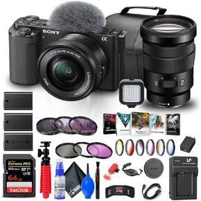 Sony ZV-E10 Mirrorless Camera with 16-50mm Lens (Black) (ILCZV-E10L/B) + Sony 18-105mm Lens + 64GB Memory Card + Color Filter Kit + Filter Kit + Corel Photo Software + Bag + More (Renewed)