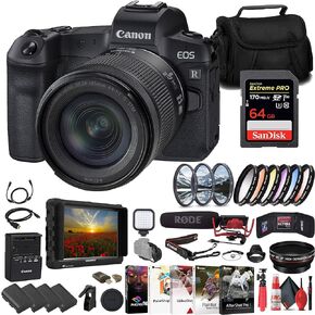 Canon EOS R Mirrorless Camera with 24-105mm f/4-7.1 Lens (3075C032) + 4K Monitor + Rode VideoMic + 64GB Memory Card + Filter Kit + Wide Angle Lens + Color Filter Kit + Lens Hood + Bag + More (Renewed)