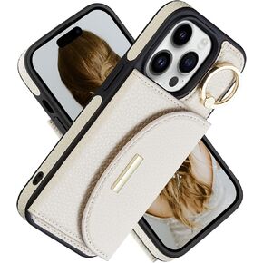 Keallce Case for iPhone 16 Pro Wallet Case, Flip Leather Case with Card Slots, Ring Holder Kickstand Protective Folio Phone Cover for Women Ladies, Beige in Kuwait