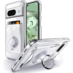 Shields Up for Pixel 8 Case, Minimalist Wallet Case with Card Holder [3 Cards] and Ring Kickstand/Stand, [Drop Protection] Slim Protective Cover for Google Pixel 8 - Clear