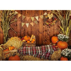 AIIKES 6X4FT Fall Thanksgiving Photo Backdrop Rustic Wood Board Barn Harvest Photography Background Autumn Pumpkin Leaves Flower Baby Birthday Portrait Party Decoration Photo Studio Booth Props 11-741