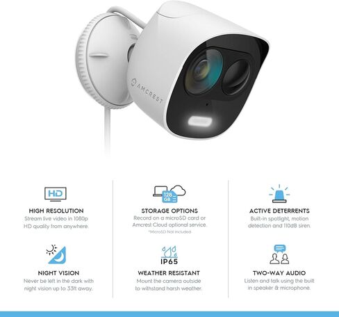 كاميرا أمان خارجية Amcrest SmartHome 1080p WiFi مع ضوء كشاف، إنذار صفارة إنذار مدمج، ضوء ستروب، صوت ثنائي الاتجاه، رؤية ليلية، عرض 133 درجة، مقاومة للطقس IP65، MicroSD والتخزين السحابي الذكي، ADC2W in Kuwait