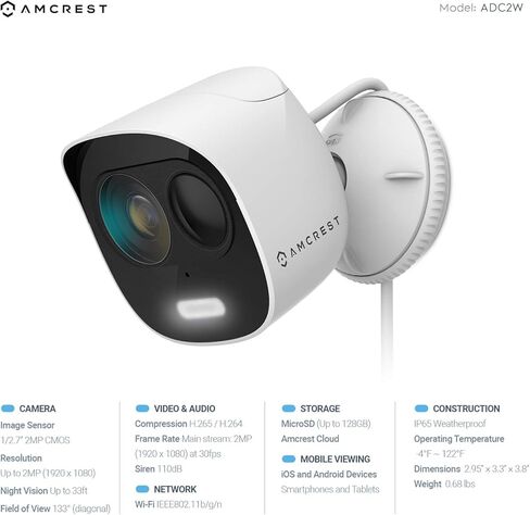 كاميرا أمان خارجية Amcrest SmartHome 1080p WiFi مع ضوء كشاف، إنذار صفارة إنذار مدمج، ضوء ستروب، صوت ثنائي الاتجاه، رؤية ليلية، عرض 133 درجة، مقاومة للطقس IP65، MicroSD والتخزين السحابي الذكي، ADC2W in Kuwait