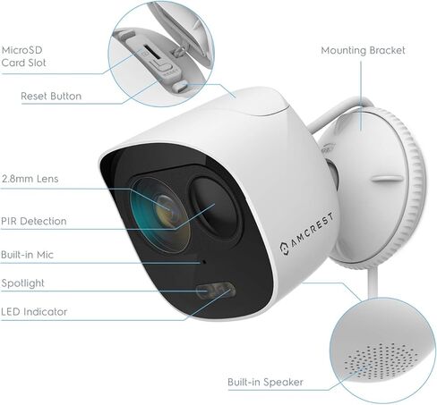 كاميرا أمان خارجية Amcrest SmartHome 1080p WiFi مع ضوء كشاف، إنذار صفارة إنذار مدمج، ضوء ستروب، صوت ثنائي الاتجاه، رؤية ليلية، عرض 133 درجة، مقاومة للطقس IP65، MicroSD والتخزين السحابي الذكي، ADC2W in Kuwait