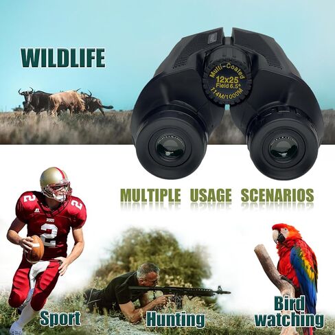 مناظير للبالغين عالية الطاقة، مناظير للرؤية الليلية مدمجة، مناظير صيد لمشاهدة الطيور والمشي لمسافات طويلة والحفلات الرياضية، مناظير صغيرة 12 × 25 تركيز سهل in Kuwait