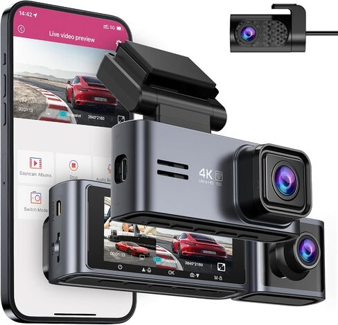 OMBAR Dash Cam 5G WiFi GPS, 3 Channel Dash Cam Front and Rear Inside 2K+1080P+1080P, 3.18" LCD Screen, 64GB Card Included, Dual Dash Camera for Cars 4K/2K/1080P+1080P IR Night Vision, WDR, G-Sensor in Kuwait