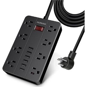 Power Strip with 6 USB,HUNIAN 5 Ft Extension Cord Flat Plug with 8 Widely Spaced Outlets Overload Protection Indoor Desk Charging Station Surge Protector for Home and Office Accessories, Black
