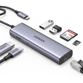 يوجرين موزع USB C 7 في 1 مع جيجابت ايثرنت، محول متعدد المنافذ من النوع C الى 4K HDMI، قاعدة شحن بي دي 100 واط، منافذ USB 3.0، قارئ بطاقات SD/TF، موزع USB-C لماك بوك برو/اير ام 1، اكس بي اس، ديل، اتش in Kuwait