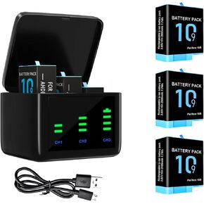Bonadget 2000mAh 3-Pack Battery and 3-Channel Storage Charger for Gopro Hero 10/9 with USB & Type-C Charging Port Compatible with Gopro Hero 10 Black Battery and Charger Bundle with LED Display Screen in Kuwait