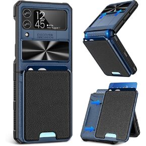 Caka for Samsung Flip 4 Case, Z Flip 4 with Card Holder & Camera Cover, Z Flip 4 Case with Hinge Protection for Samsung Galaxy Z Flip 4 -Blue