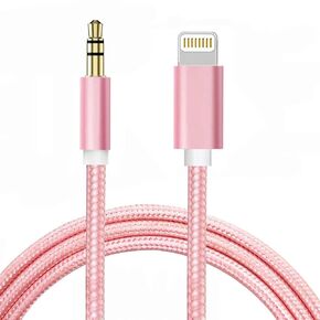 سلك Aux لهاتف iPhone، كابل Lightning إلى 3.5 مم من النايلون المضفر لهاتف iPhone 13 12 11 XS XR X 8 7 6 iPad iPod إلى السيارة/ستيريو المنزل/سماعة الرأس/مكبر الصوت، محول مقبس سماعة الرأس معتمد من Apple MFi (وردي) in Kuwait