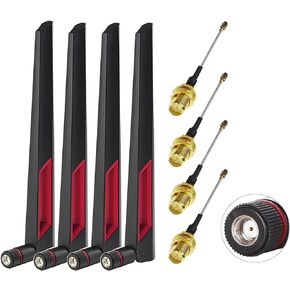 Geekstory Dual Band WiFi 2.4GHz 5GHz 5.8GHz 12dBi RP-SMA Male Antenna 20cm 8inch + U.FL IPX IPEX to RP-SMA Female Cable RG1.13 for WiFi Router Wireless(Pack of 4)